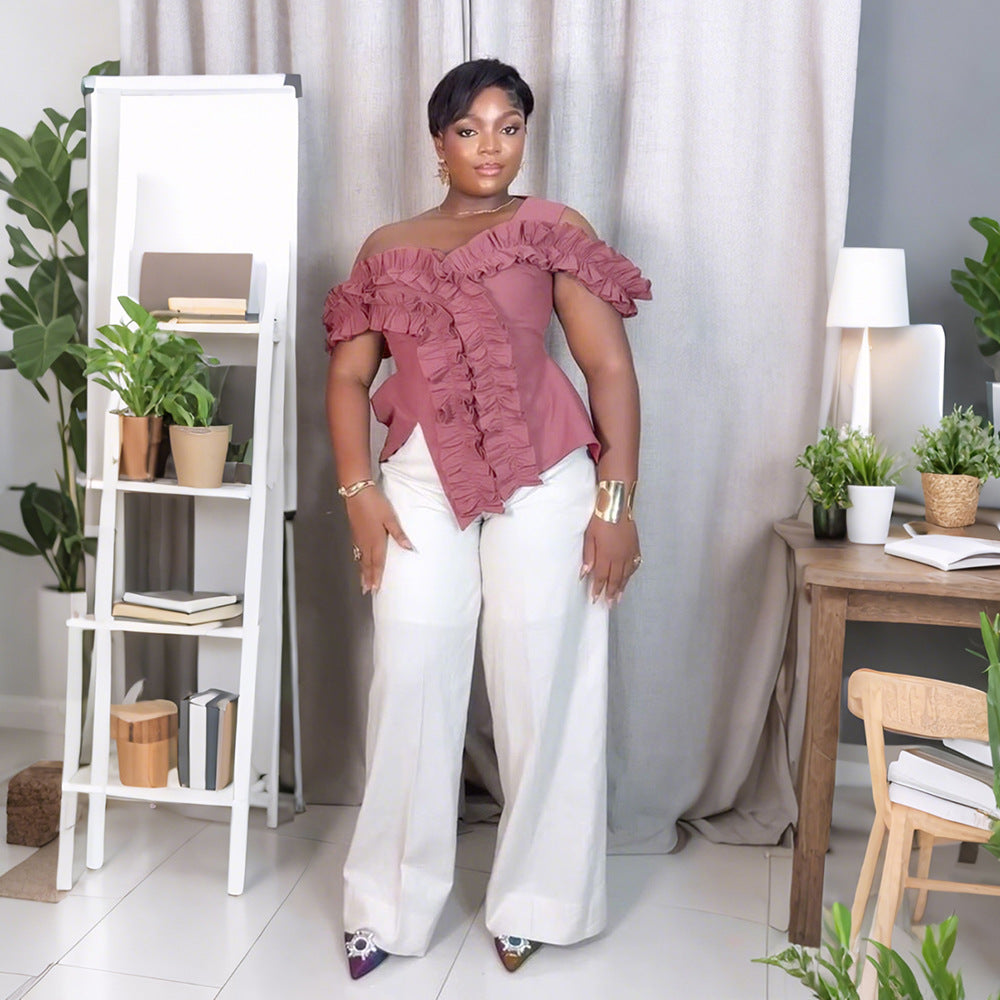 One-Shoulder Irregular Ruffle Design Top Women's T-Shirt Wide Style