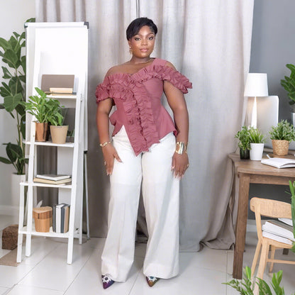 One-Shoulder Irregular Ruffle Design Top Women's T-Shirt Wide Style