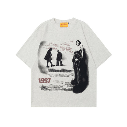 Dark High Street Rock Figure Print Short Sleeve T-Shirt Men's Oversize Heavyweight Pure Cotton Half Sleeve Tee