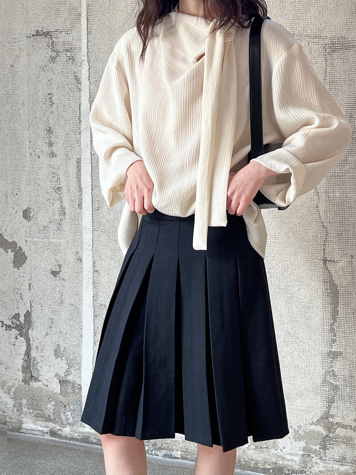 Ribbon textured shirt women's lace up commuter top