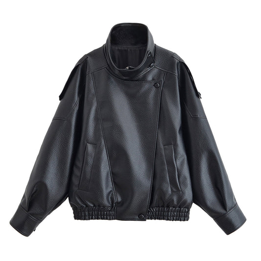 Stand collar long sleeved lychee patterned PU jacket for women