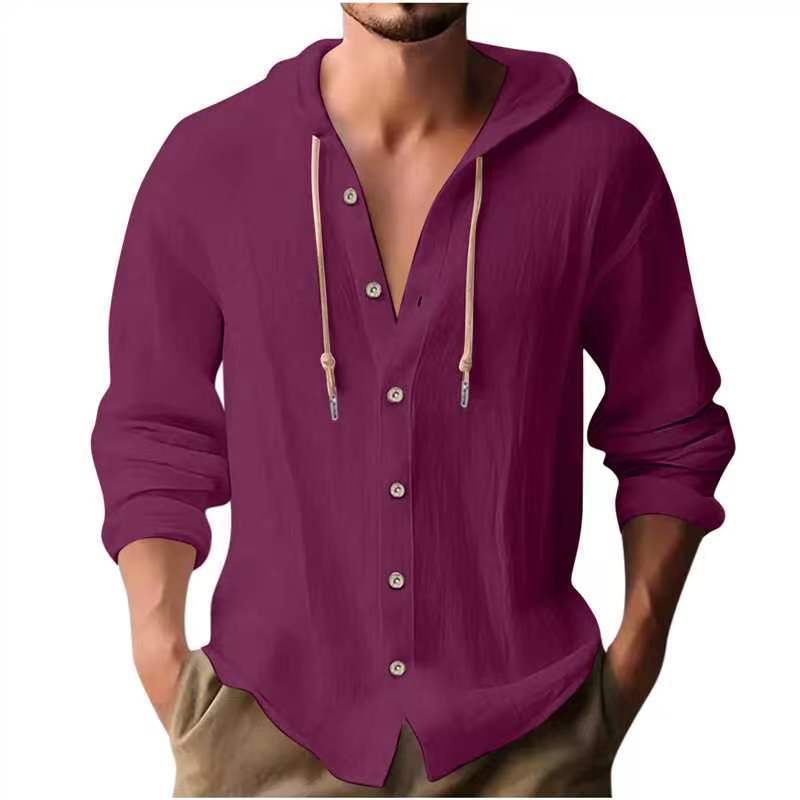 Men's Sports Casual Long Sleeve Shirt Cotton Linen Hooded Fashion Sweatshirt Trendy Versatile Loose Beach T-Shirt