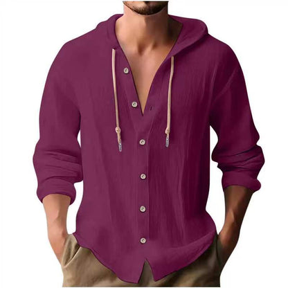 Men's Sports Casual Long Sleeve Shirt Cotton Linen Hooded Fashion Sweatshirt Trendy Versatile Loose Beach T-Shirt