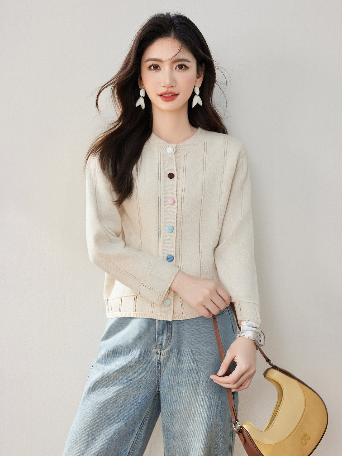 Real Shot◆Korean Style Line Design Colorful Button Long Sleeve Knit Top for Women