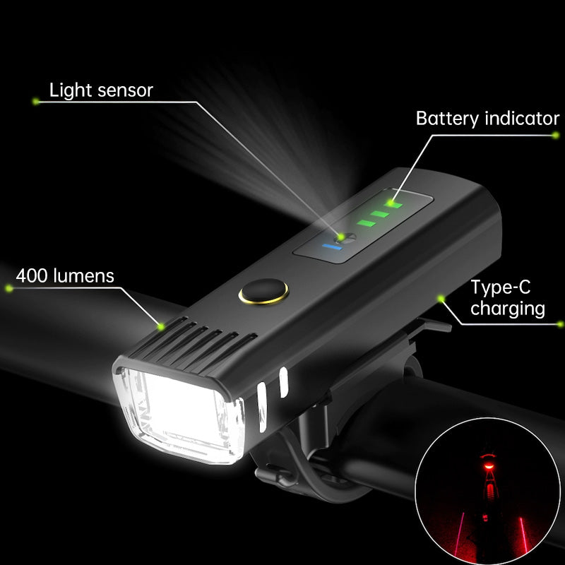 Bike headlight, bike flashlight, LED mountain bike torch, bike taillight, light sensor, cycling headlamp, bike accessories