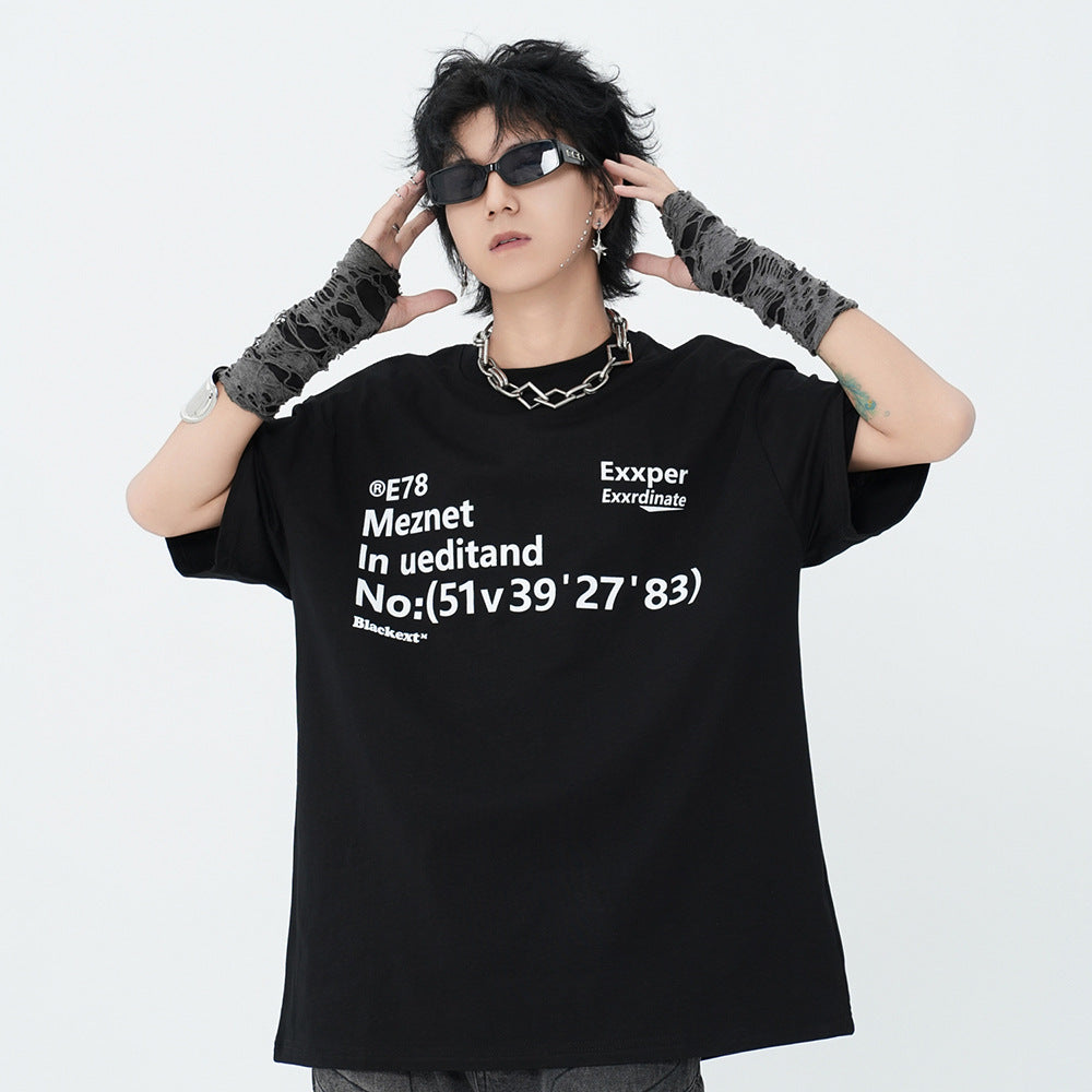Alphabet Print Short Sleeve T-Shirt Men's Trendy Ins Heavyweight Pure Cotton Casual Loose Fit Three-Quarter Sleeve Tee