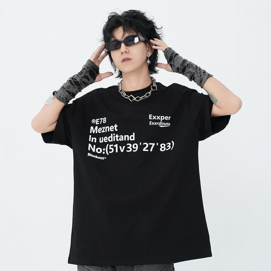 Alphabet Print Short Sleeve T-Shirt Men's Trendy Ins Heavyweight Pure Cotton Casual Loose Fit Three-Quarter Sleeve Tee