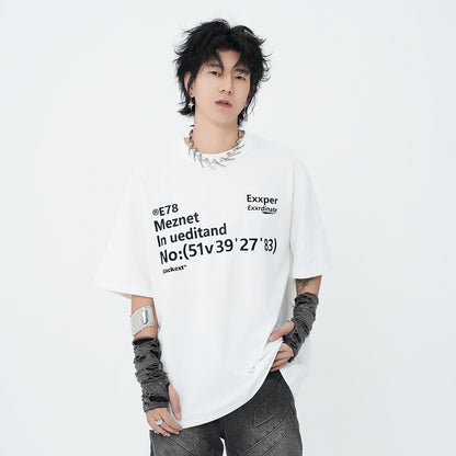 Alphabet Print Short Sleeve T-Shirt Men's Trendy Ins Heavyweight Pure Cotton Casual Loose Fit Three-Quarter Sleeve Tee