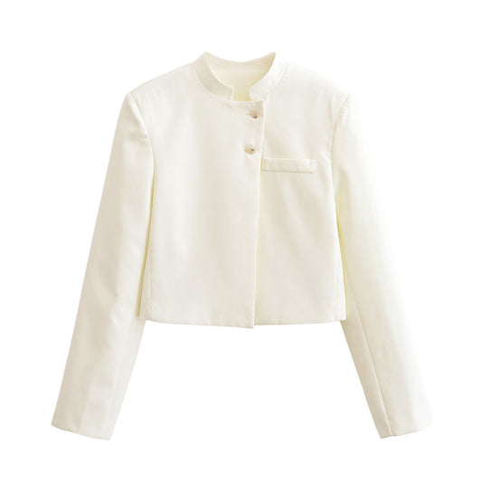 Stand up collar long sleeved short two button jacket for women