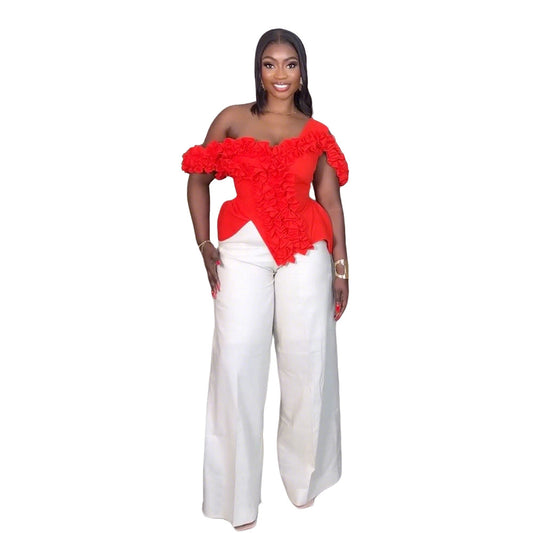 One-Shoulder Irregular Ruffle Design Top Women's T-Shirt Wide Style