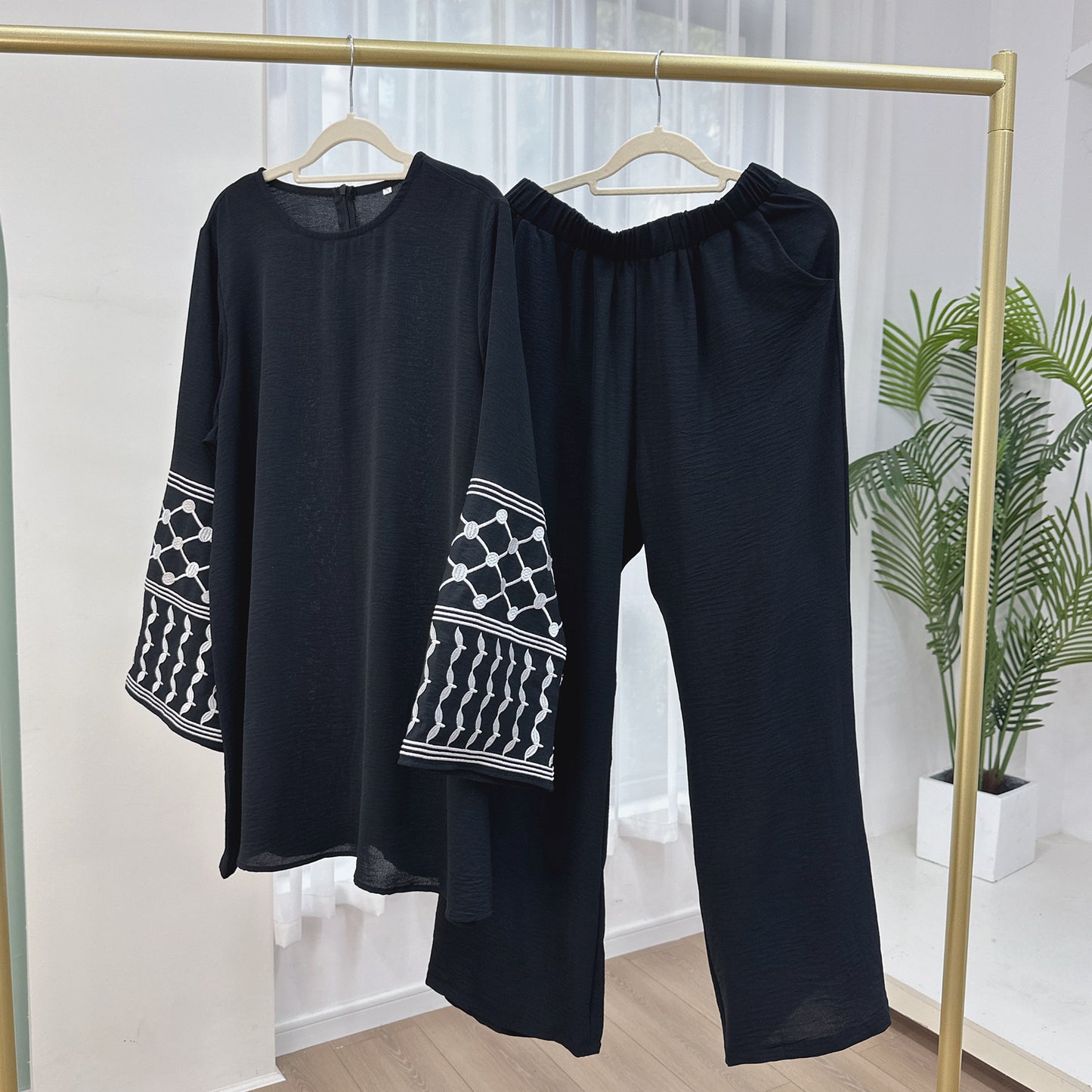 Turkey Embroidery Top Wide Leg Pants 2 Piece Set