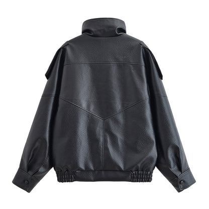 Langärmlige PU-Jacke mit Stehkragen und Litschi-Muster für Damen