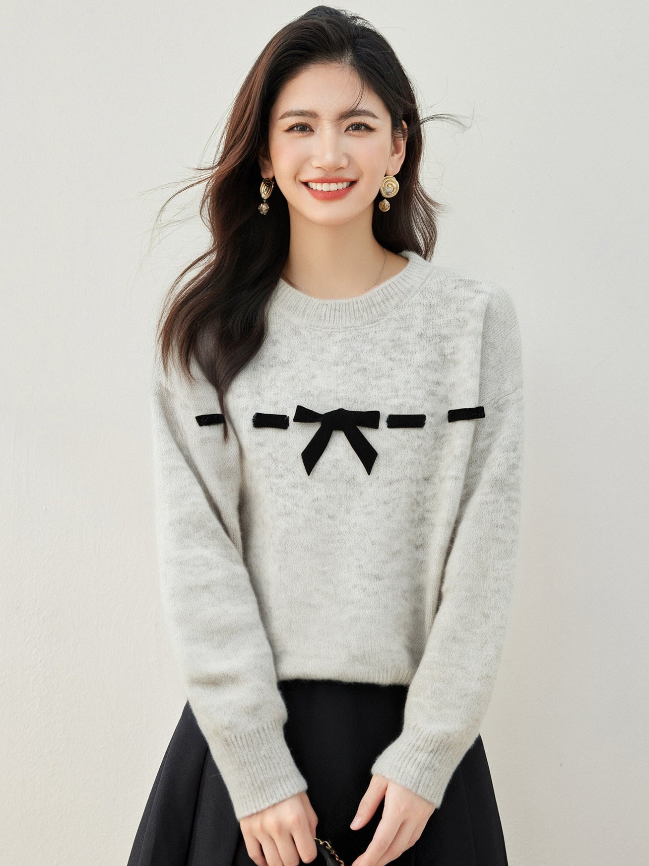 Knitted Sweater with Bow Tie and Round Neck, Slim Fit, Blue, Autumn/Winter Style