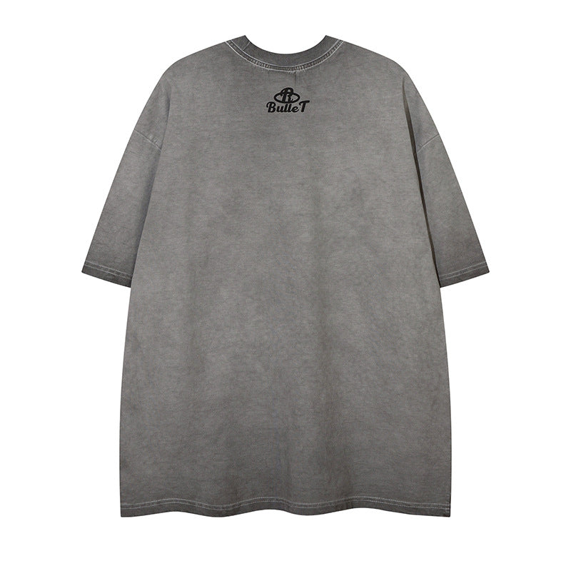 Letter Print Short Sleeve T-Shirt Men's Summer Washed Vintage Loose Trendy INS Round Neck Half Sleeve Tee