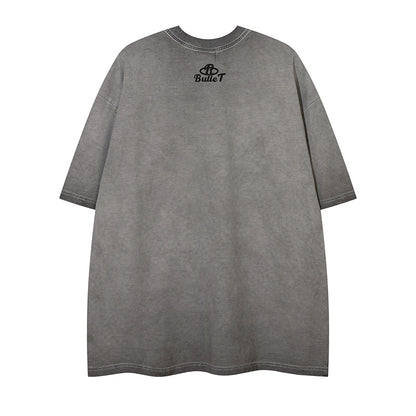 Letter Print Short Sleeve T-Shirt Men's Summer Washed Vintage Loose Trendy INS Round Neck Half Sleeve Tee