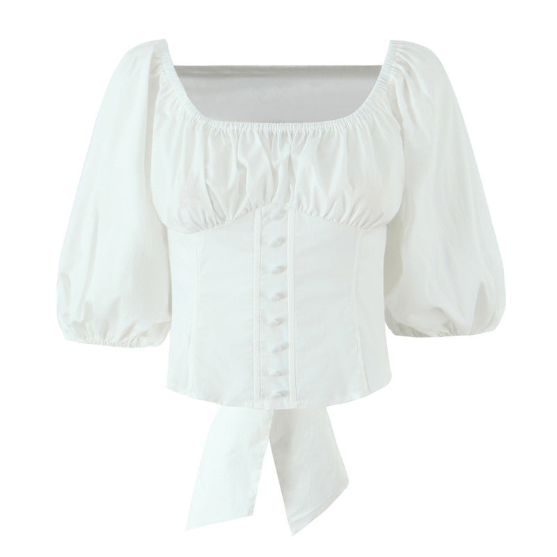 Style Women's Casual Bowknot Bubble Sleeve Blouse Short Top