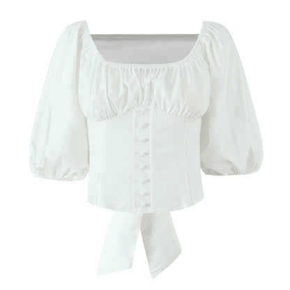 Style Women's Casual Bowknot Bubble Sleeve Blouse Short Top