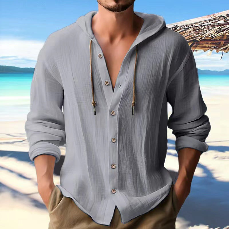 Men's Sports Casual Long Sleeve Shirt Cotton Linen Hooded Fashion Sweatshirt Trendy Versatile Loose Beach T-Shirt
