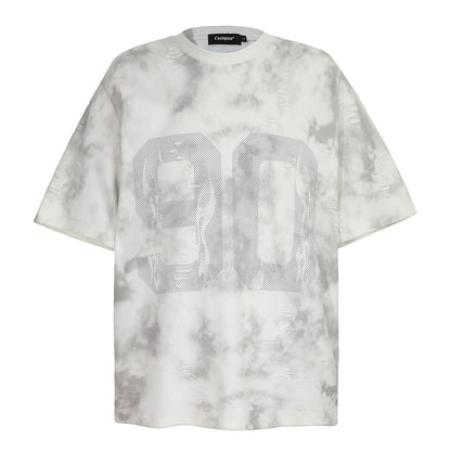 Tie-Dye Faded Letter Print Short Sleeve T-Shirt Men's Summer Casual American Street Hip Hop Loose Crew Neck Top