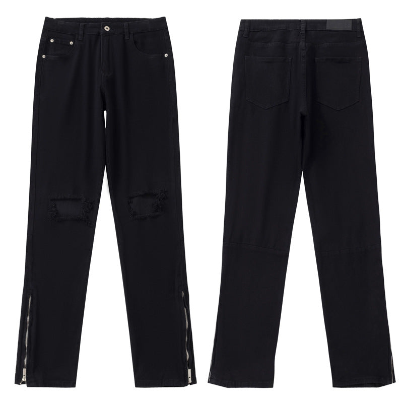 Black High Street Distressed Denim Trousers Slim Fit Skinny Mid-Waist Pants for Men Casual Pants