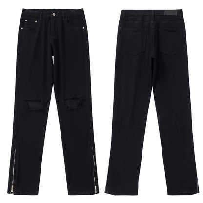 Black High Street Distressed Denim Trousers Slim Fit Skinny Mid-Waist Pants for Men Casual Pants