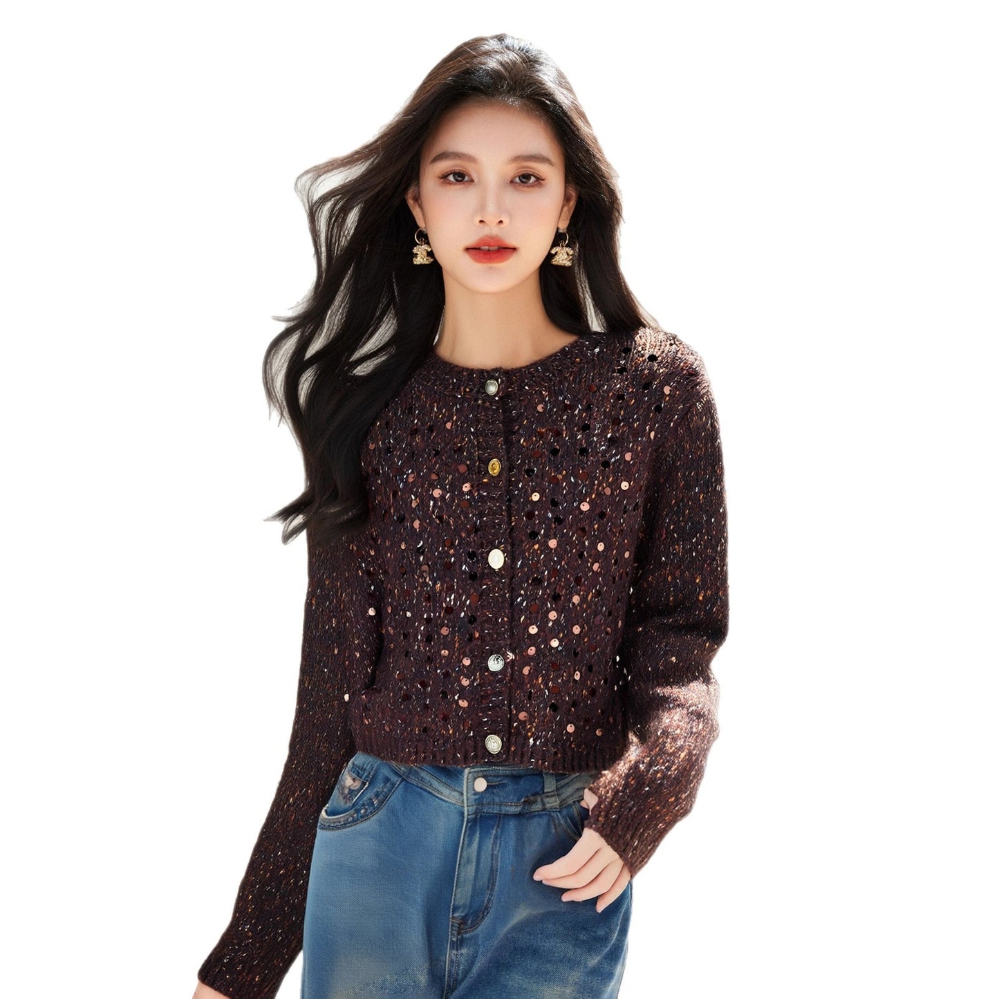Knitted Cardigan Outerwear Sweater Coat for Women, Sequin Korean Style Atmosphere Early Autumn Fashion
