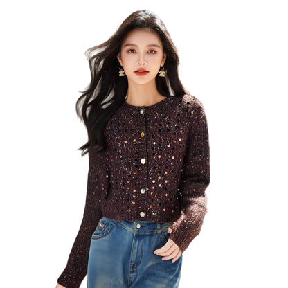 Knitted Cardigan Outerwear Sweater Coat for Women, Sequin Korean Style Atmosphere Early Autumn Fashion