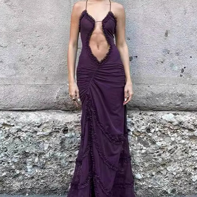 Serpent Beauty High Slit Lace-Up Dress with Hollow-Out Design and Pleated Details