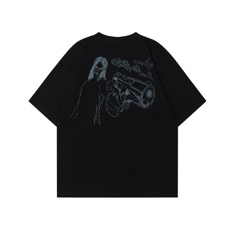 Retro Hand-Painted Heavyweight Pure Cotton Short-Sleeve T-Shirt Men's Summer Loose Casual Cleanfit Top Trendy