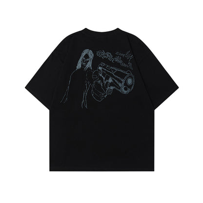 Retro Hand-Painted Heavyweight Pure Cotton Short-Sleeve T-Shirt Men's Summer Loose Casual Cleanfit Top Trendy