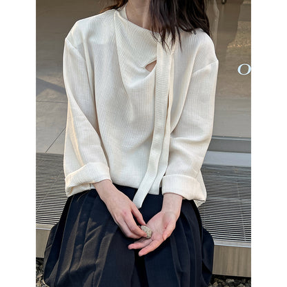 Ribbon textured shirt women's lace up commuter top