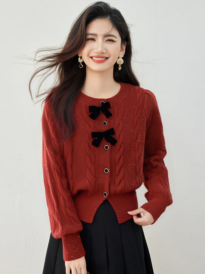 Schicke Strickjacke mit Schleife und Pailletten, Rundhalsausschnitt, Casual Style für Damen