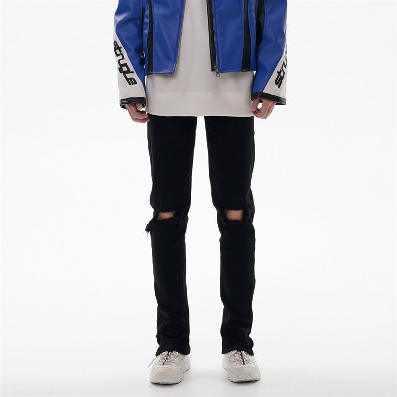 Black High Street Distressed Denim Trousers Slim Fit Skinny Mid-Waist Pants for Men Casual Pants