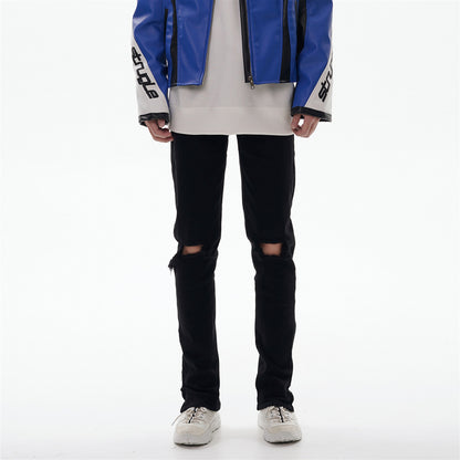 Black High Street Distressed Denim Trousers Slim Fit Skinny Mid-Waist Pants for Men Casual Pants