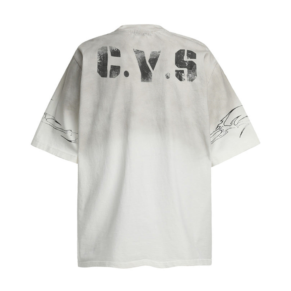 Vintage Digital Print Short Sleeve T-Shirt Men's Summer Casual Street Style Cotton Crew Neck Tee