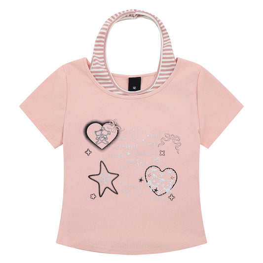 Short Sleeve T-Shirt Women Summer Short Slim Fake Two-Piece