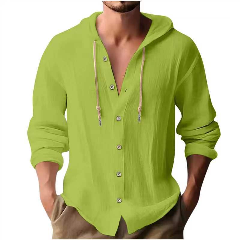 Men's Sports Casual Long Sleeve Shirt Cotton Linen Hooded Fashion Sweatshirt Trendy Versatile Loose Beach T-Shirt