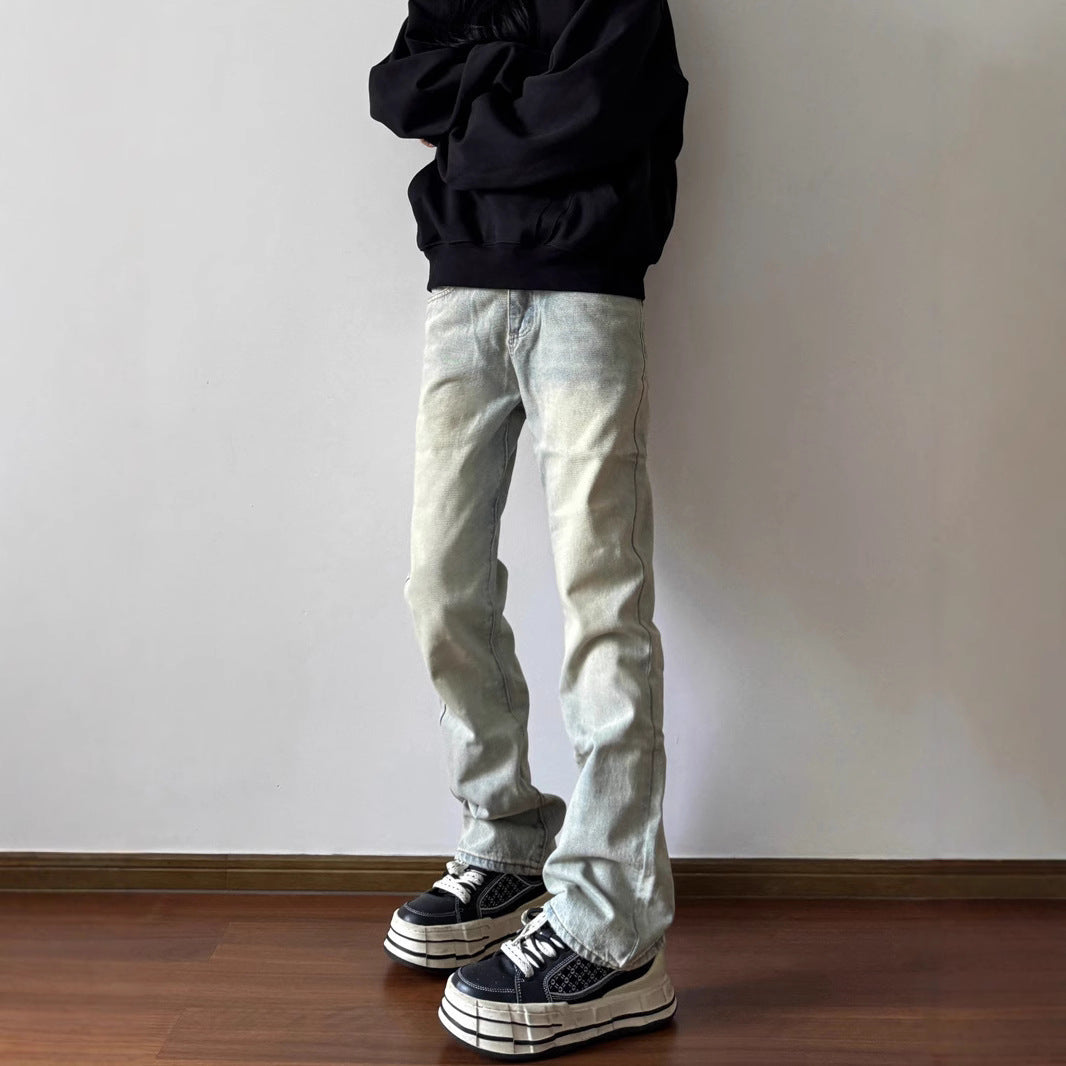 Flared Washed Basic Denim Pants Cleanfit Slim Straight Vibe High Street Casual Trousers for Men