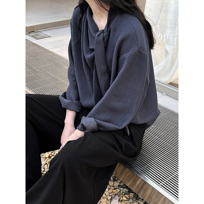 Ribbon textured shirt women's lace up commuter top