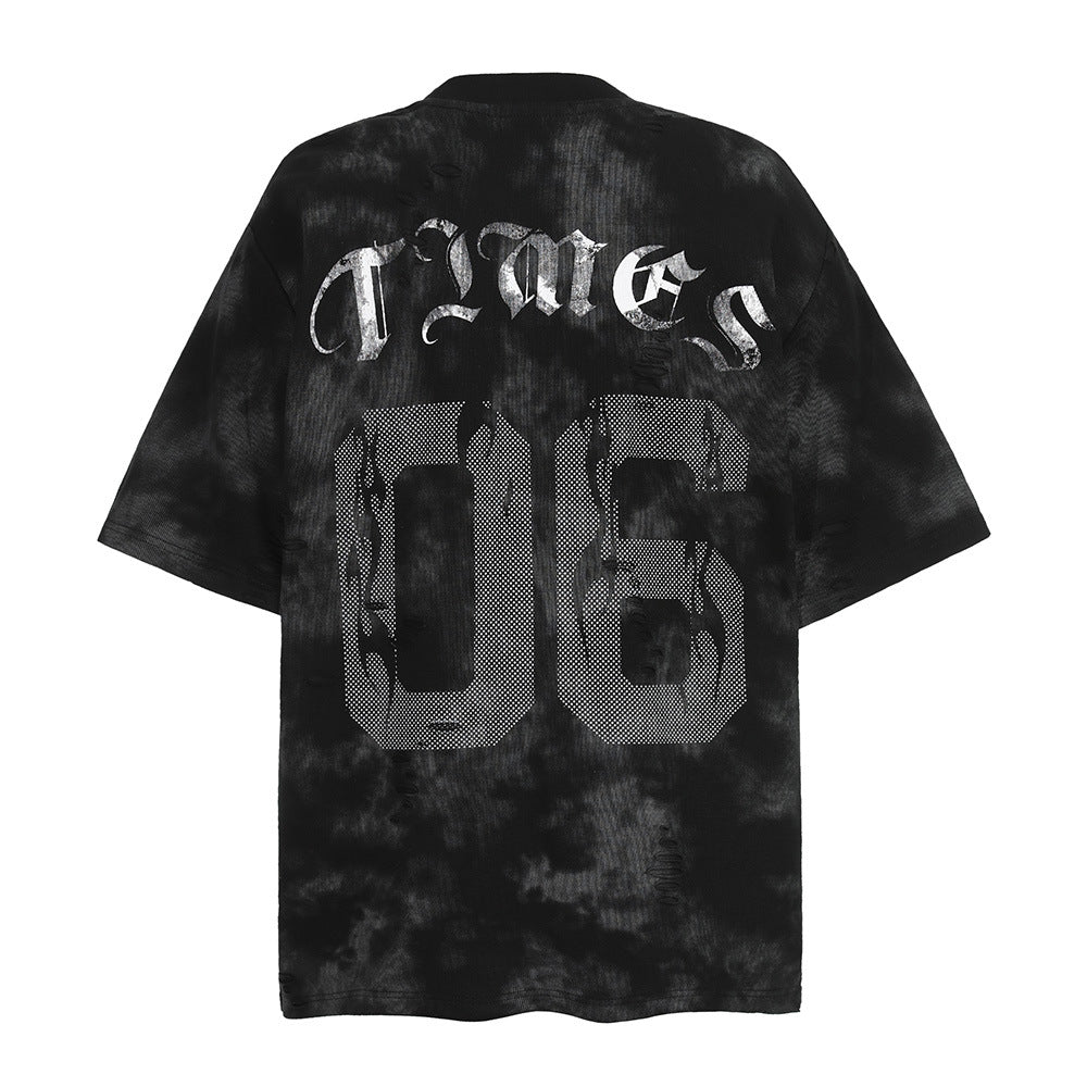 Tie-Dye Faded Letter Print Short Sleeve T-Shirt Men's Summer Casual American Street Hip Hop Loose Crew Neck Top