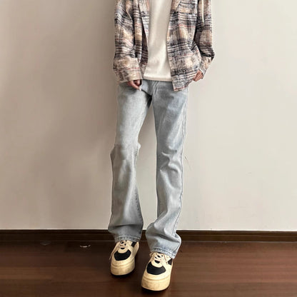 Flared Washed Basic Denim Pants Cleanfit Slim Straight Vibe High Street Casual Trousers for Men