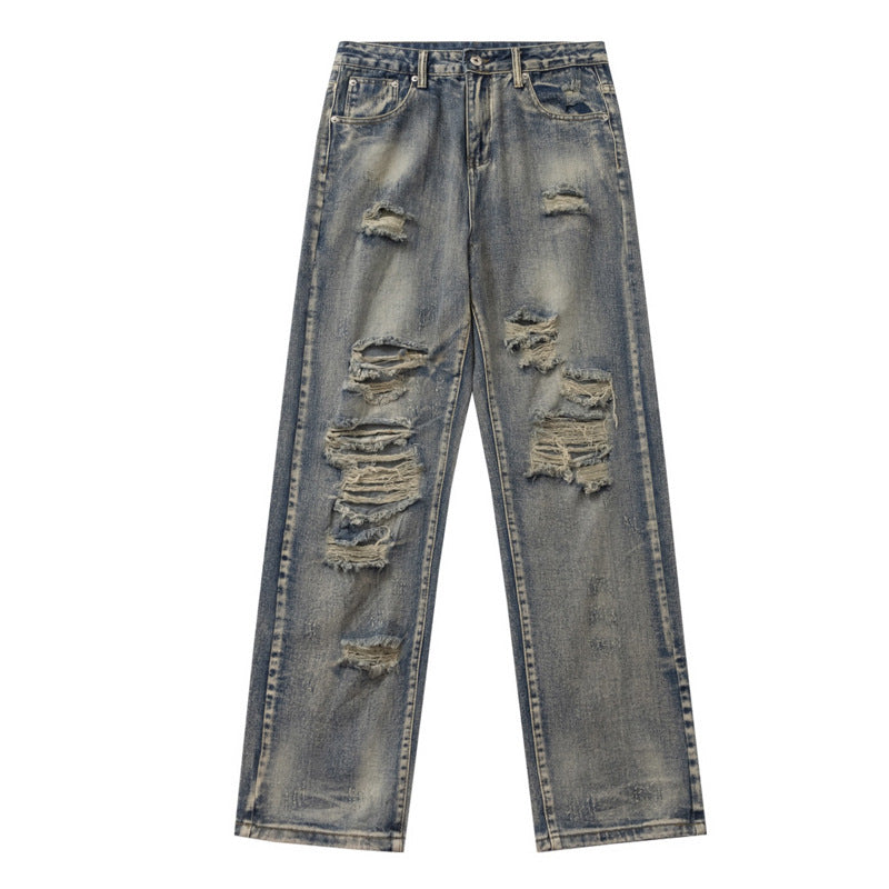 Hip-Hop Vintage Washed Distressed Denim Pants Men's Loose Couple Casual All-Match Straight Leg Long Trousers