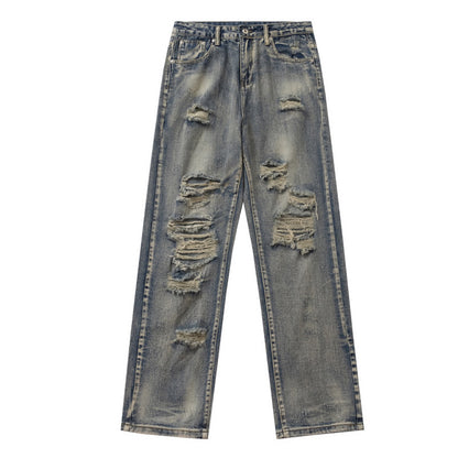 Hip-Hop Vintage Washed Distressed Denim Pants Men's Loose Couple Casual All-Match Straight Leg Long Trousers