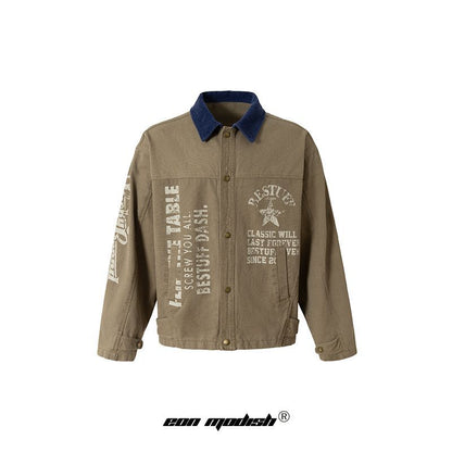 Street Style High-Street Spliced Collar Printed Work Jacket