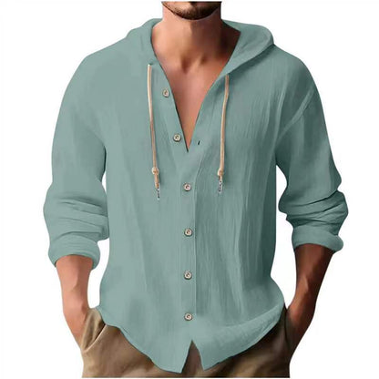 Men's Sports Casual Long Sleeve Shirt Cotton Linen Hooded Fashion Sweatshirt Trendy Versatile Loose Beach T-Shirt