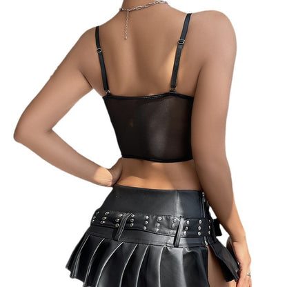 Double layer mesh lace steel ring fishbone corset vest with see through suspender top