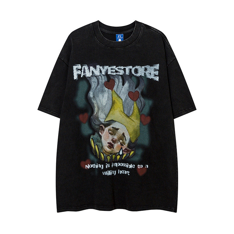 Hand-Painted Anime Oil Painting Print Short Sleeve T-Shirt Trendy Hip Hop Men's Summer Loose Casual Pure Cotton Vintage Top