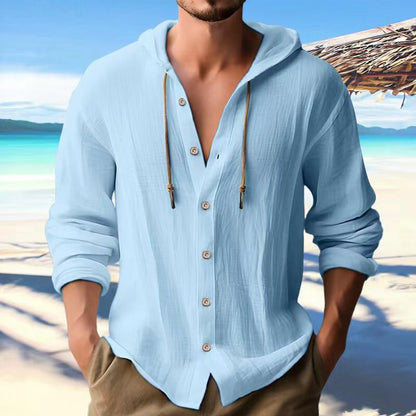Men's Sports Casual Long Sleeve Shirt Cotton Linen Hooded Fashion Sweatshirt Trendy Versatile Loose Beach T-Shirt