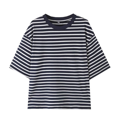 Striped Hem Split Plus Size Women's Short Sleeve T-Shirt Top