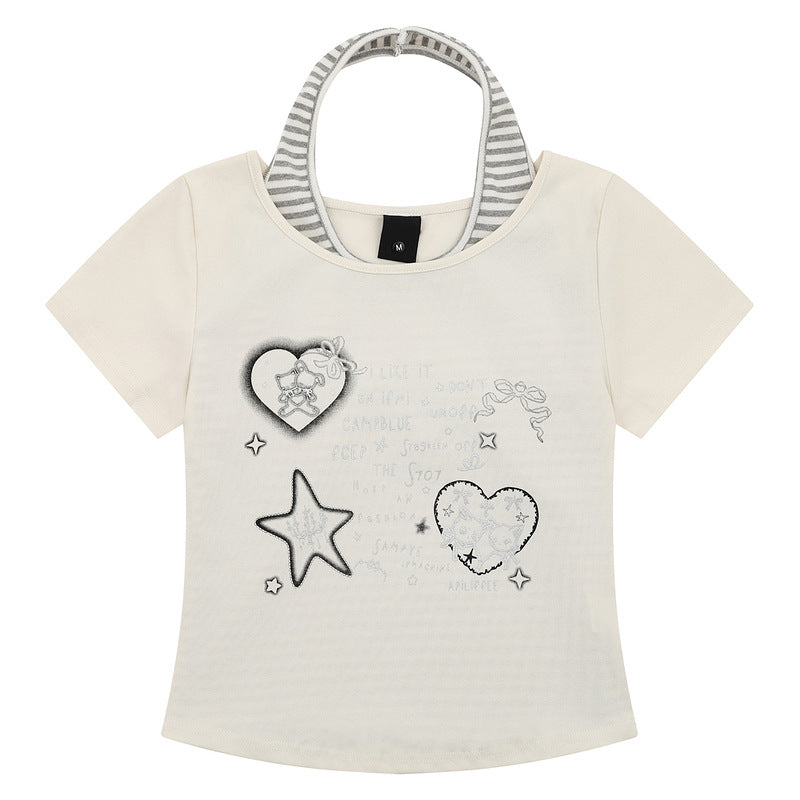 Short Sleeve T-Shirt Women Summer Short Slim Fake Two-Piece